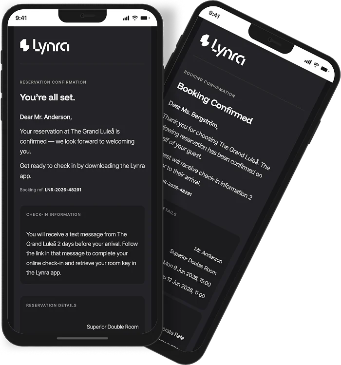 Two phones showing the Lynra booking confirmation email