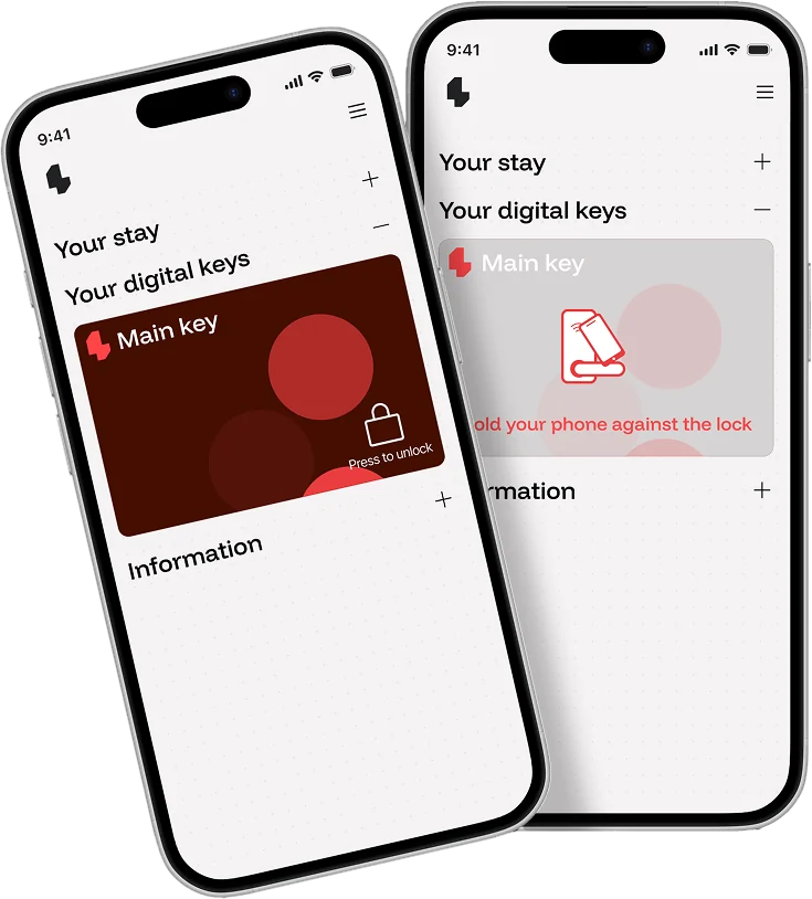 Two app screens: Your digital keys with the Main key and Press to unlock, then the prompt to hold your phone against the lock