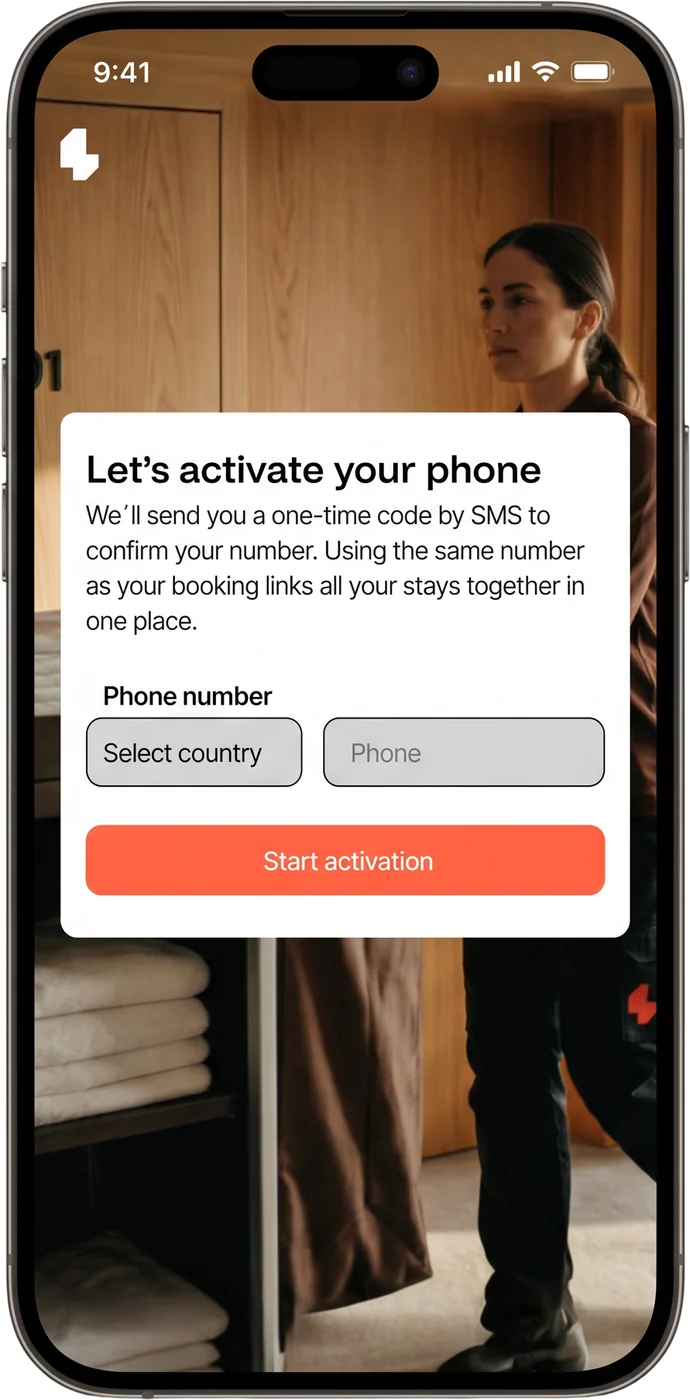 The activation screen, Let’s activate your phone, with fields for country and phone number