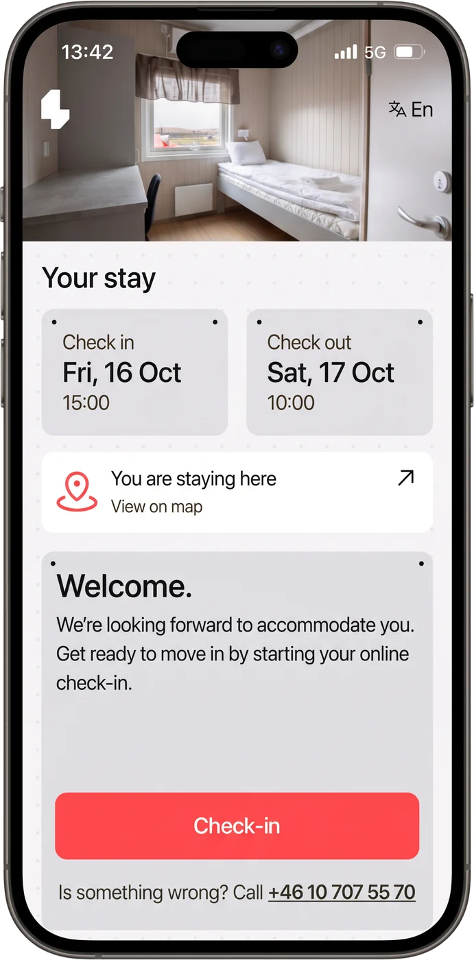 Your stay, with check-in and check-out dates, a welcome note and the Check-in button